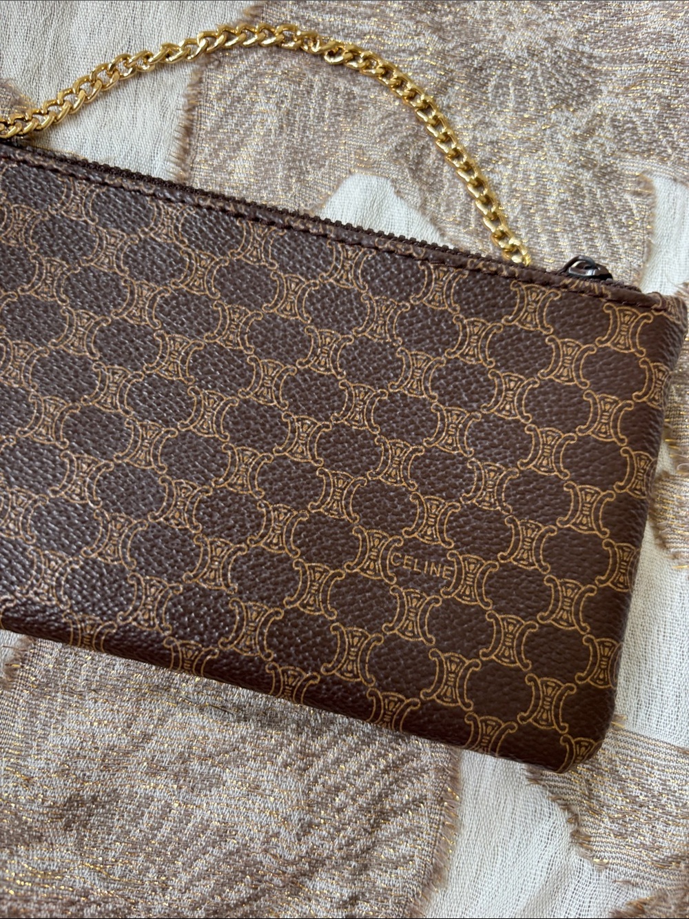 Celine Brown Logo-Print Leather Wristlet w/ Gold Tone Chain & Clover Charm - Picture 8 of 15